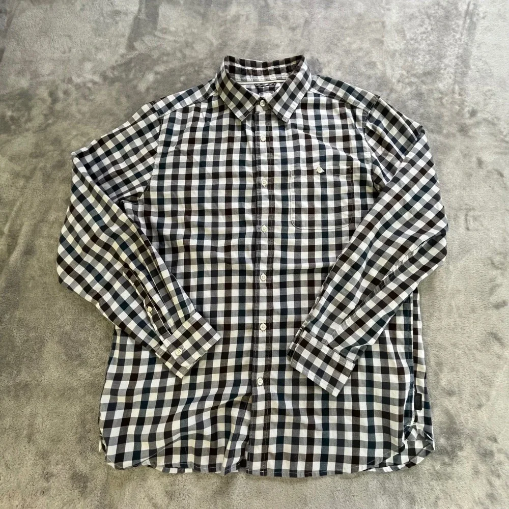 The North Face Button Down Shirt Large Black White Gingham‎ Plaid Long Sleeve